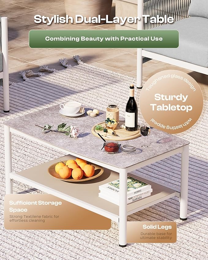 Aluminum Outdoor Patio Furniture Set, HDPE Rope 4 Piece Modern Sectional Conversation Sets with Dual-Layer Coffee Table, All Weather Patio Couch Set with Thick Cushions, White Frame, White