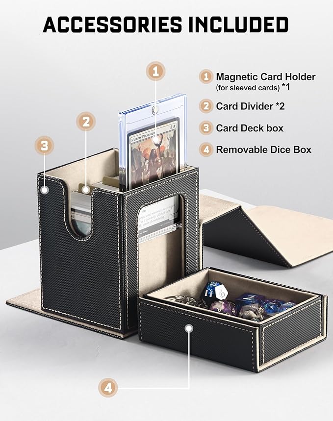 ZLCA MTG Commander Deck Box with Display Window, Deck Box Holds 100 Double-Sleeved with Dice Tray & 35pt Magnetic Card Holder(Black& Gold)
