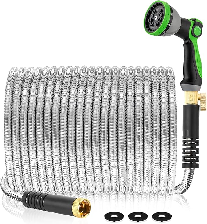 Metal Garden Hose 200Ft Stainless Steel Water Hose Heavy Duty with 10 Way Nozzle-Flexible Lightweight Durable No Kink & Tangle，Strong 3/4’’ Solid Metal Fitting Shut-Off Valve for Outdoor Yard