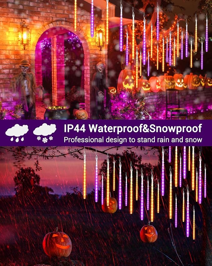 Halloween Lights Outdoor 10 Tubes 240 LED Raindrop Meteor Shower Icicle Light with Timer Function Cascading Falling Rain Lights for Halloween Orange Purple