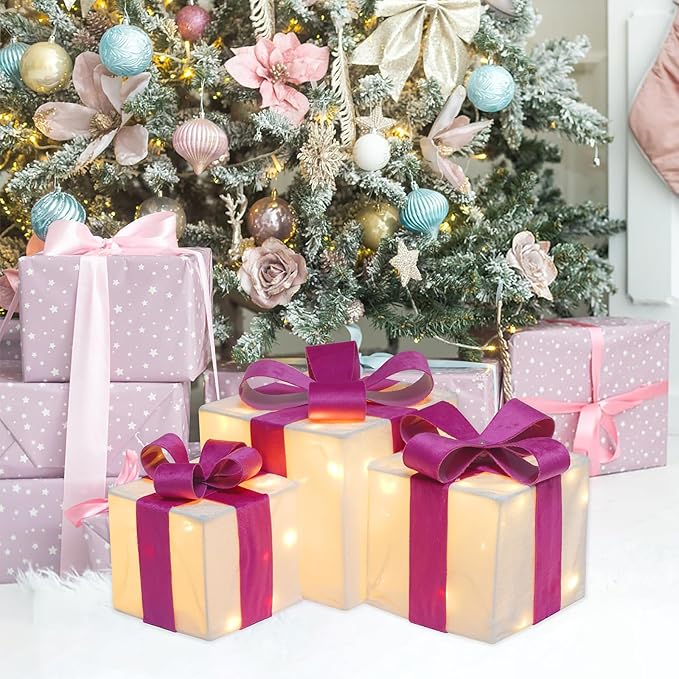 Set of 3 Lighted Gift Boxes, Plug-in 60 LED Light Up Pink Present Boxes for Christmas Decorations Indoor Home Wedding Holiday Birthday Party Porch (Pink Bow)