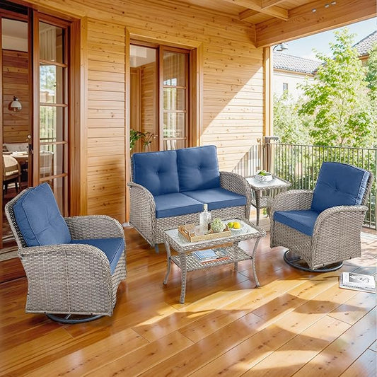 5 Piece Patio Furniture Set - Wicker Patio Conversation Set with Swivel Glider, Glider Loveseat, Tempered Glass Side Table and Coffee Table for Deck Backyard - Grey Wicker Blue Cushion