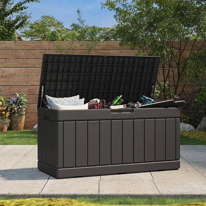Patiolife 85 Gallon Resin Deck Box, Wood Like Outdoor Storage Box for Garden Tools, Pool Supplies, Waterproof and Lockable, Black