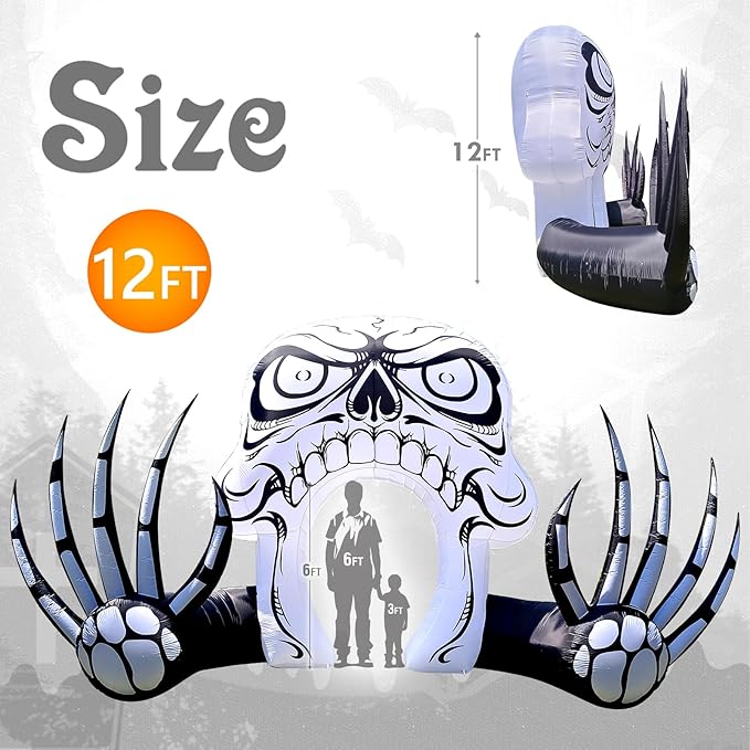WBHome 12 Ft Halloween Inflatable Skeleton Skull Door Decorations, Day of The Dead Blow Up Yard Decor with Built-in LED Light (Plug in) for Lawn Home Dia de Los Muertos Party Indoor Outdoor