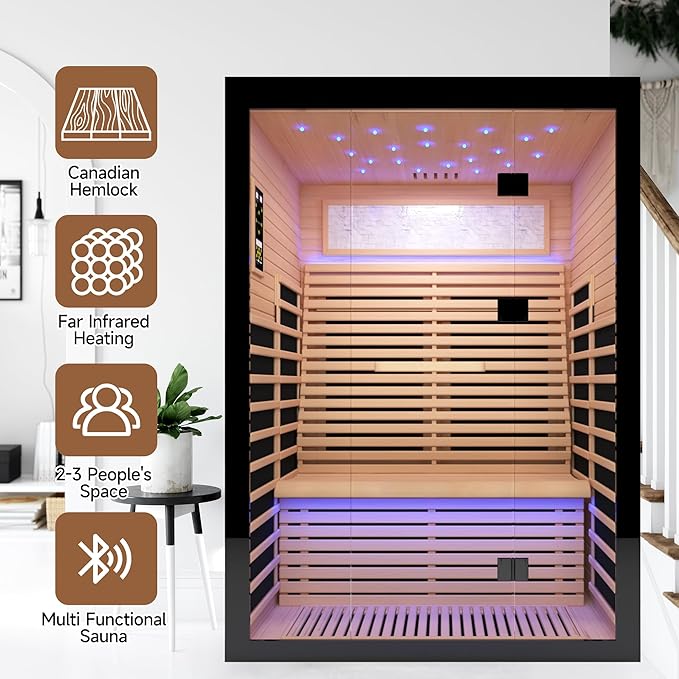 Home Sauna Far Infrared Sauna Dry Sauna for 2 Person,7-Colors LED Light Indoor Sauna Room with Low EMF 2160W,10 Minutes Pre-Warm up,Canadian Hemlock Wood