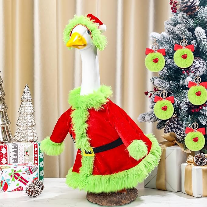 Christmas Porch Goose Outfit for 23" High Cement or Plastic Green Santa Claus Costume Lawn Christmas Goose Outfit for Yard Lawn Outdoor Garden Patio Xmas Holiday Decor