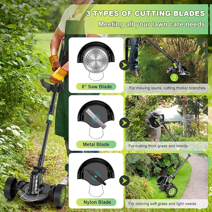 Weed Wacker Cordless, Gisam Brushless String Trimmer with 2 X 2.0Ah Battery, 8" Electric Grass Cutter, 3 in 1 Weed Eater with 3 Types Blade & Wheels for Garden/Lawns