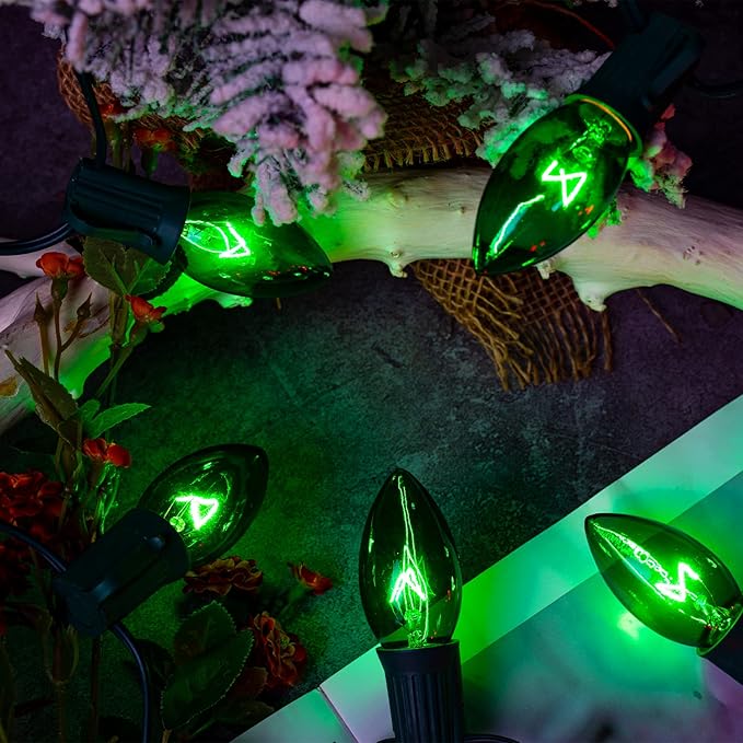 C9 Christmas String Light Green, 25ft Vintage Christmas Tree Lights, Outdoor Roofline String Lights with 25+2 Green Bulbs for Patio Garden Holiday Indoor Home Xmas Decoration, Green Wire