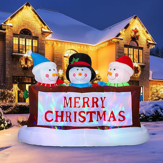7FT Christmas Inflatable Snowman Yard Decoration With LED Lights - Merry Christmas Sign Trio, Outdoor Xmas Blow Up Decor for Holiday