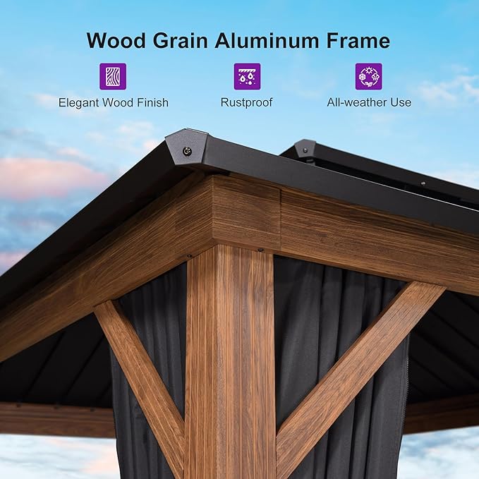 PURPLE LEAF 10' X 14' Hardtop Gazebo Outdoor Wood Grain Aluminum Frame Galvanized Steel Double Roof Gazebos with Netting and Curtains for Patio Deck Backyard Garden