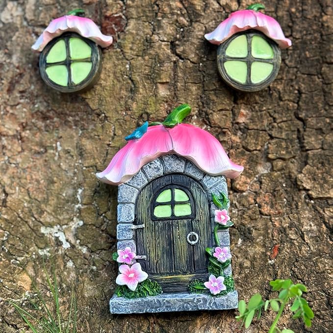 Fairy Garden Door and Windows for Trees,Resin Fairy House Kit,Glowing in The Dark,Miniature Accessories for Tree Stump, Outdoor Yard, Lawn, and Garden Decor.