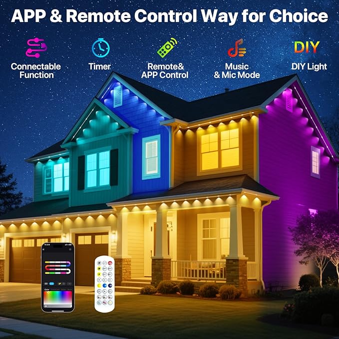 Permanent Outdoor Lights,100FT RGB+IC LED Lights with Smart APP & Remote Control, 72 Scene Modes, Waterproof IP65 for Holiday,Christmas,Yard Decorations