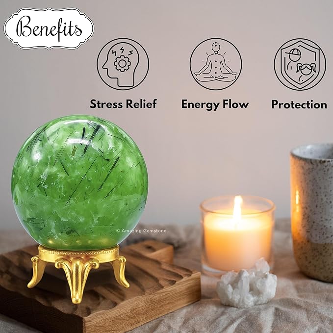 Amazing Gemstone Prehnite Crystal Ball with Stand - 2 Inches Crystal Sphere Meditation Balls for Witchcraft and Decorative Balls