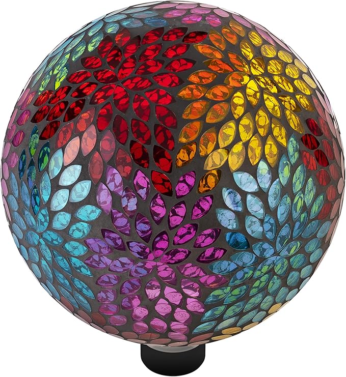 Alpine Corporation HMD172 10" Diameter Indoor Outdoor Glass Gazing Globe Yard Decoration, Mosaic Multicolor Leaf