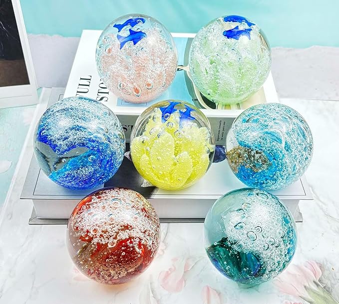 Decorative Crystal Ball Figurines Ocean Waves Paperweight Blown Glass Decor Sea Art Ocean Lovers Gift Blue Green 3.15"
