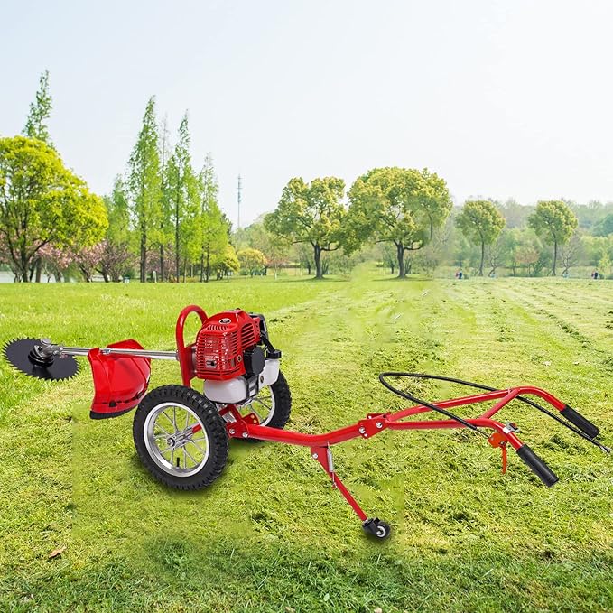 49cc 2-Stroke Gas Lawn Mower, 2-in-1 High Speed Brush Lawn Mower, 1.8kw Walk Behind Weed Trimmer with Single-Cylinder Air-Cooled System, 6500-7000 RPM, Hand Start, Weeding Baffle
