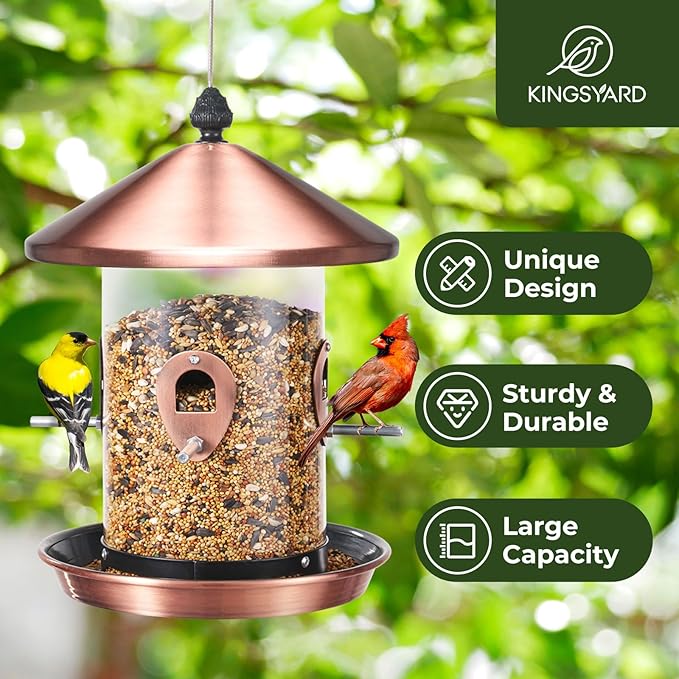Kingsyard Metal Hopper Bird Feeder for Outdoors Hanging with 8 Ports, 3 lbs Large Capacity Tube Bird Feeder with Seed Tray, Easy to Fill and Clean, Copper