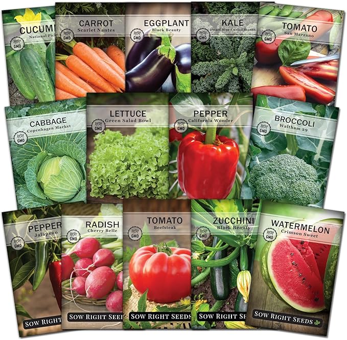 Sow Right Seeds - Classic Vegetable Garden Seed Collection for Planting - Non-GMO Heirloom Broccoli, Cabbage, Carrot, Cucumber, Eggplant, Kale, Lettuce, Tomato, Peppers, Zucchini, and More