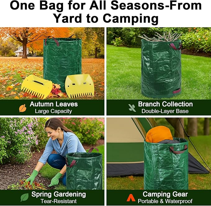3-Pack 32 Gallon Yard Waste Bags with Leaf Scoop — Collapsible, Stand-Open Garden Bags with Reinforced Handles, Heavy-Duty Reusable Lawn Containers for Leaves, Weeds & Debris