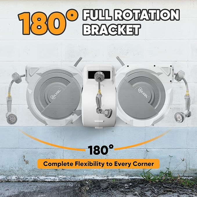 SILVEL Retractable Garden Hose Reel – 5/8 in x 75FT Heavy Duty Automatic Hose Reel Wall Mounted, Upgraded UV Resistant with 10 Pattern Nozzle, Any Length Lock & Slow Return System, 180°Swivel Bracket