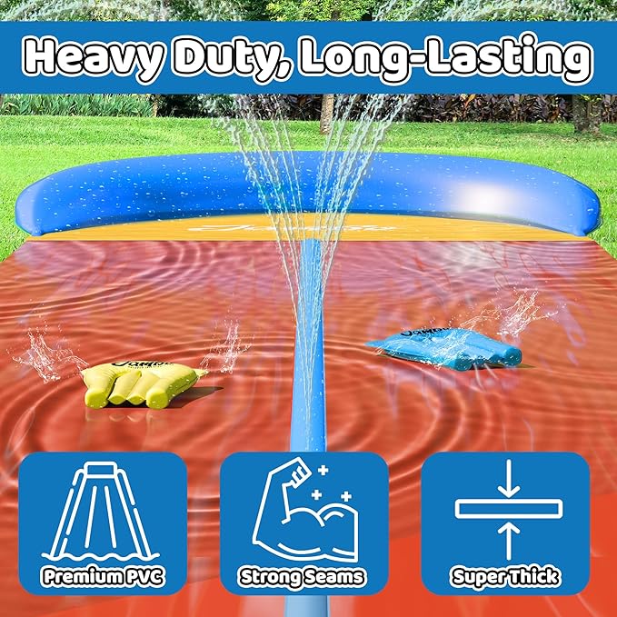 JAMBO 40Ft 3XL Mega Slip Splash and Slide and 2 Bodyboards, Heavy Duty Water with Inflatable Crash Pad, Slide Splash Mat Outdoor Water Sprinkler Splash Mat n Backyard Water Toys