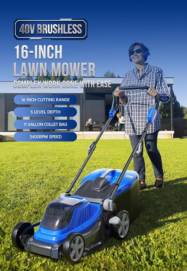 Wild Badger Power 40V 16" Cordless Lawn Mower, Up to 1900sq.ft, Brushless Motor, 5 Height Settings, Bag/Mulch, 20V*2 4.0Ah Battery & Fast Charger, Compact 5-Sec Upright Fold