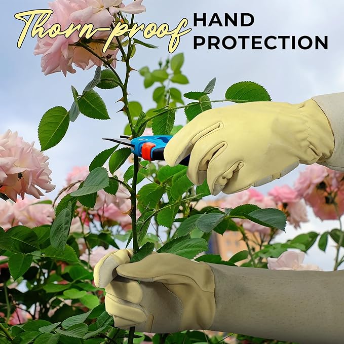 HANDLANDY Pruning Gloves Long for Men & Women, Rose Thorn Proof Gardening Gloves- Gardening Gifts for Gardeners (Beige- goatskin, Large (Pack of 1))