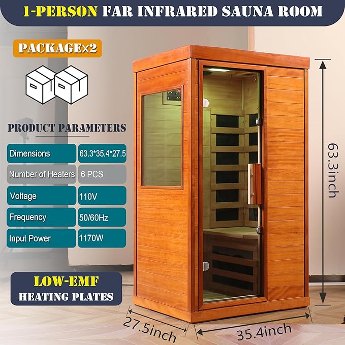 Far Infrared Saunas for Home, 1 Person Sauna Indoor Okoume Wood 1170W Low Emf Dry Sauna Room with Bluetooth Audio, 6 Heaters Panels and Tempered Glass Door (Natural, 35.4" * 27.5" * 63.3")