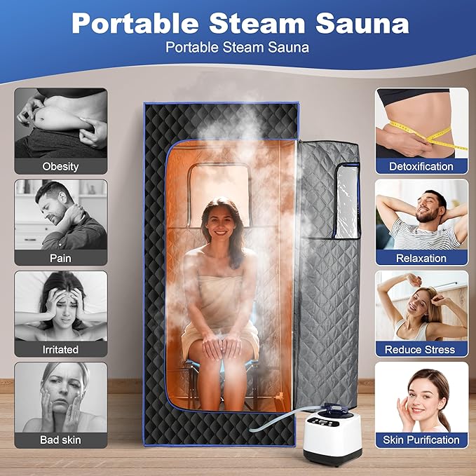 Upgraded Sauna Box - Portable Sauna for Home with 3L 1200W Steamer, 9 Levels, 5-Layer Thermal Insulation Tent with 3 Windows, Home Sauna for Relaxation, Detoxification, Size 2.6' x 2.6' x 5.9'