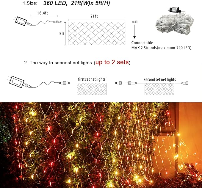 360 LED Net Lights, 21ft x 5ft Colorful Christmas Mesh Lights Clear Wire 8 Modes, Connectable Waterproof String Lights Outdoor for Bushes Tree Garden Holiday Wedding Party - Multicolour