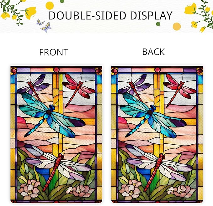 Spring Summer Dragonfly Garden Flag Stained Glass Style Flowers Garden Flag Vertical Double Sided Rustic Farmland Burlap Yard Lawn Outdoor Decor 28x40"