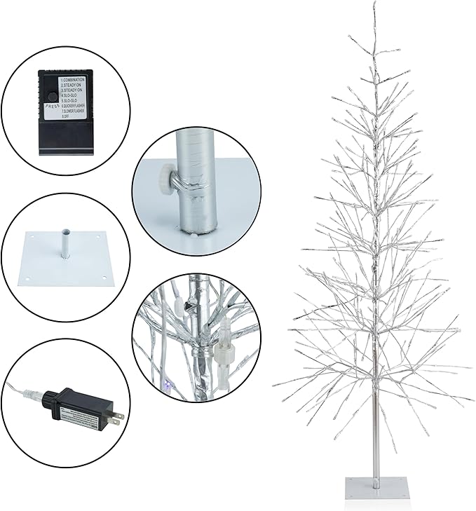 Alpine Corporation 65" H Indoor/Outdoor Pre-Lit Silver Foil Christmas Tree with Yard Stake and 360 LED Lights, Christmas Decoration