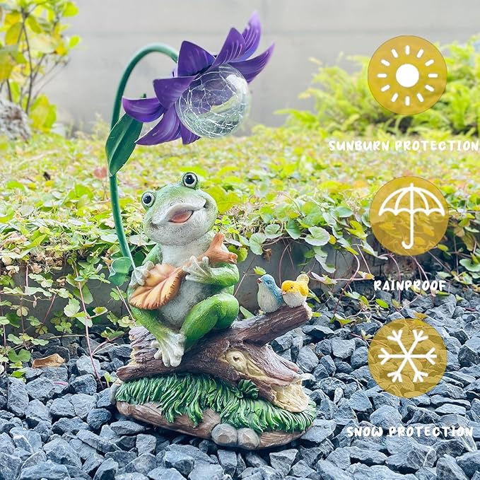 Garden Decor Statues, Outdoor Funny Frog Statue, Solar Frog Gift Sculpture Decoration for Home Patio, Yard, Lawn, Porch, Ornament