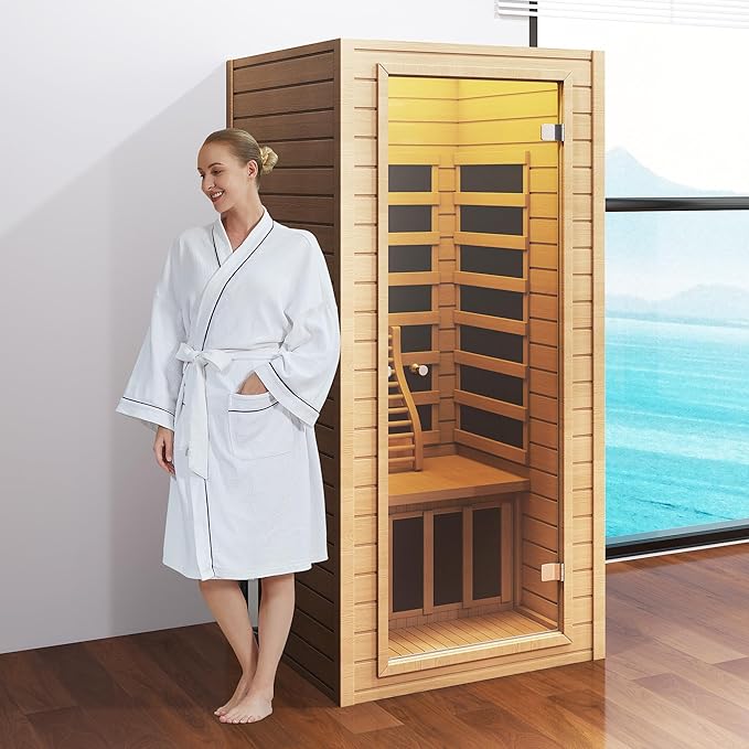 springspa Far Infrared Sauna 1 Person Indoor Sauna Spa Room, Canadian Hemlock Wooden Infrared Saunas for Home with Low Emf Lighting, Bluetooth Speakers, LCD Control Panel, 9 Chromotherapy