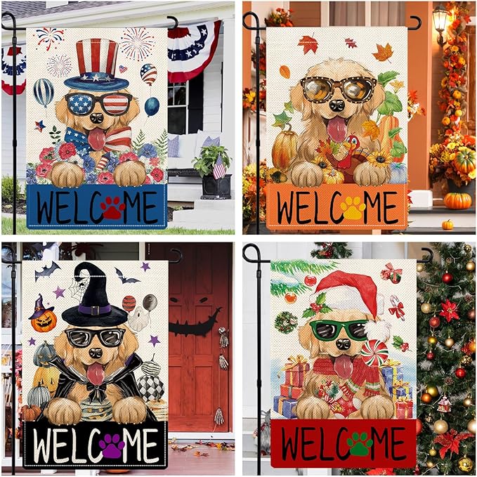 Golden Retriever Garden Flags for Outside Set of 12, Puppy Dog Welcome Garden Flags 12x18 Double Sided for All Seasons and Holidays, Spring Easter Yard Lawn Flags for Farmhouse Outdoor Decor