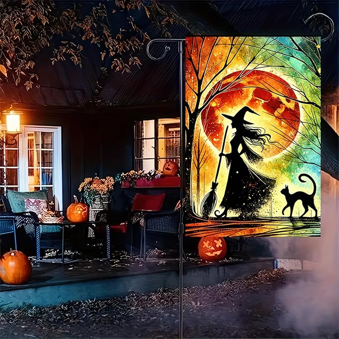 Halloween Garden Flag 12 X 18 Flag Witch And Black Cat Garden Flag Witch And Cat Design Moonlight Silhouette And Colorful Night Sky For Outdoor Yard And Patio Lawn Decoration Banner