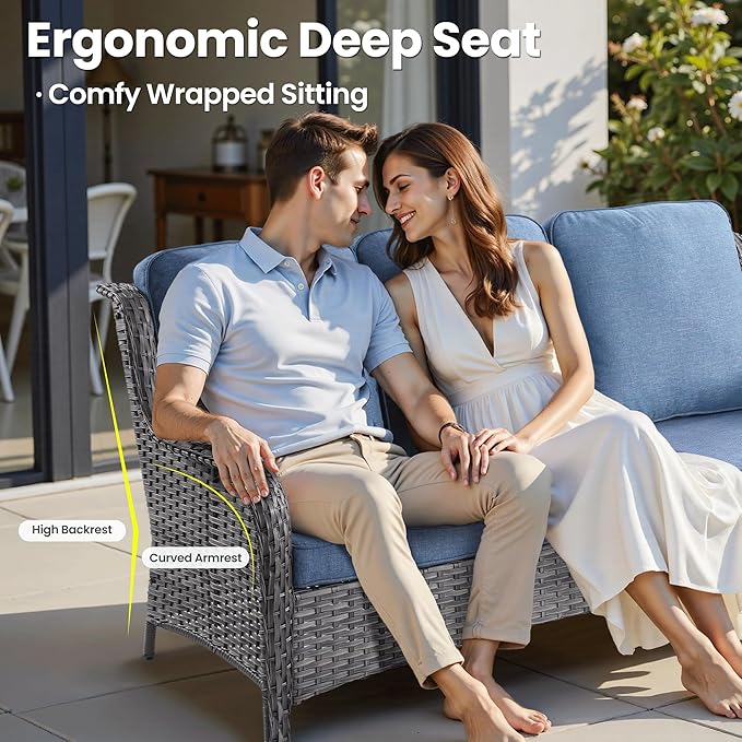 ovios 5 Pieces Patio Furniture Set, Outdoor Wicker Sofa Couch with Swivel Chairs 42" Fire Pit Table, High Back All Weather Modern Conversation Sets, Grey Rattan, Denim Blue