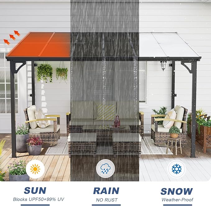MEISSALIVVE 10' x 12' Wall Mounted Lean to Metal Awnings with Sloped Roof, Outdoor Patio Gazebo Awning for Backyard, Deck, Black