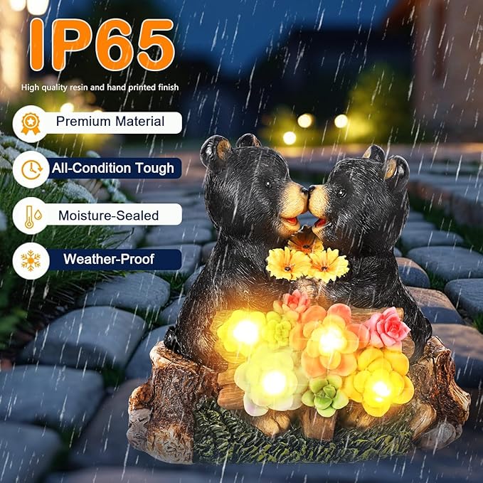 Solar Bear Garden Statues,Waterprrof Bear Outdoor Decor Resin Black Bear Figurine for Yard and Garden,Gifts for Mom, Women