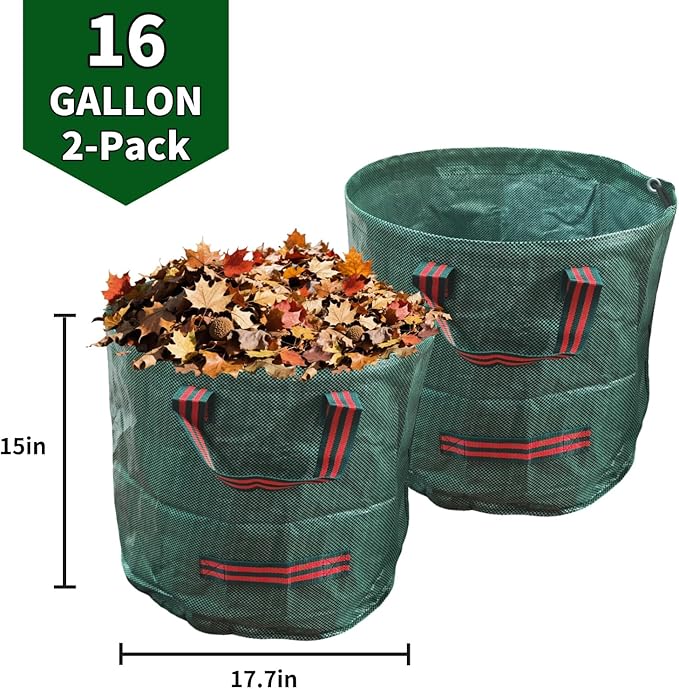 Yard Waste Bags 2 Pack 16 Gallon/72 Gallon Reusable Heavy Duty Leaf & Lawn Bags with 2 Handles for Leaves Grass Garden Debris (2x16 Gallons)
