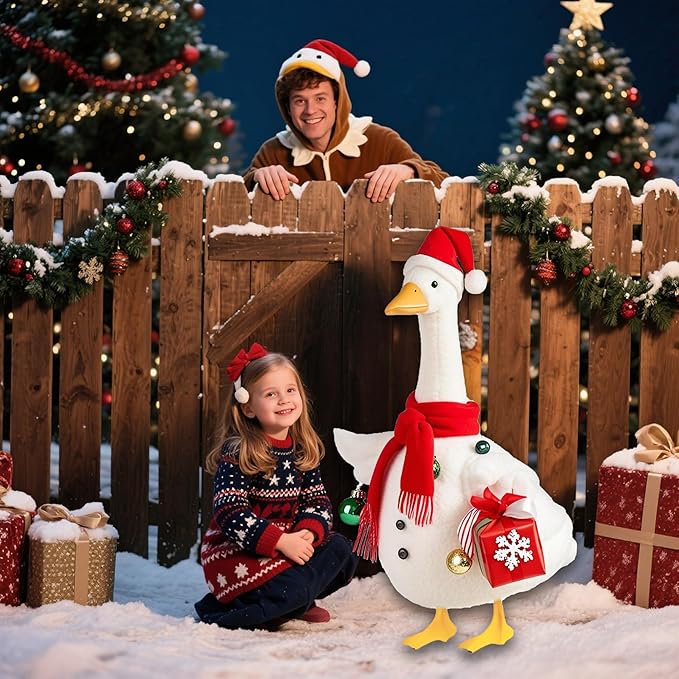Christmas Snowman Porch Goose Outfits for Large 23" High Cement or Plastic Goose Statue, Yard Goose Cloths with Christmas Hat and Snowflake Gift Box Decor for Outdoor Lawn Gaden Patio