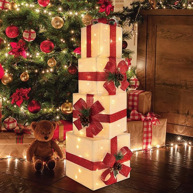 Set of 4 Christmas Lighted Gift Boxes, 70 LED Stackable Light Up Present Boxes for Christmas Decorations Indoor Outdoor Yard Lawn Porch Home Decor(Max. 10")