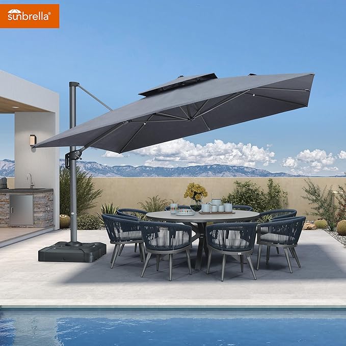 PURPLE LEAF Cantilever Umbrella with Base Included 12FT Heavy Duty Large Double Top Offset Hanging 360° Rotation Square Umbrella for Garden Patio Deck Pool Backyard Cast Slate