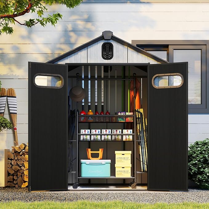 Domi 6×4ft Outdoor Resin Storage Shed - 144+ Cubic Ft Weatherproof Double-Wall Yard Shed with Skylight, Lockable Door and Carpet, Heavy-Duty Steel Frame Storage Building for Lawn Mower, Bike, Tools