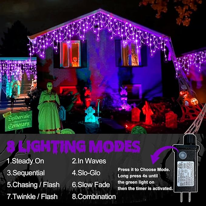 YiYLunneo Halloween Icicle Lights Outdoor, 512 LED 46.5 FT 8 Lighting Modes with Timer & Memory, Curtain Fairy String Lights with 96 Drops for Halloween Decorations Holiday Party Eaves Yard (Purple)