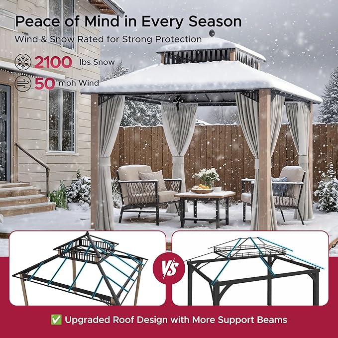 SUNJOY Kingston 10' x 10' Hardtop Gazebo with Galvanized Steel Double Roof, Curtain and Netting, Woodgrain Finish Aluminum Posts Permanent Pavilion Gazebo for Garden, Patio, Deck, Lawn