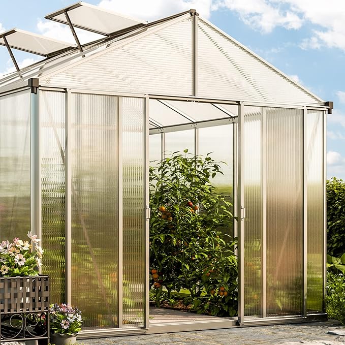 Greenhouse Rubin 3 Aluminum Frame 8.6 x 6.4 ft with Approx. 10 mm Polycarbonate Panels - with 2 Extra Skylights and 2 Automatic Window Openers