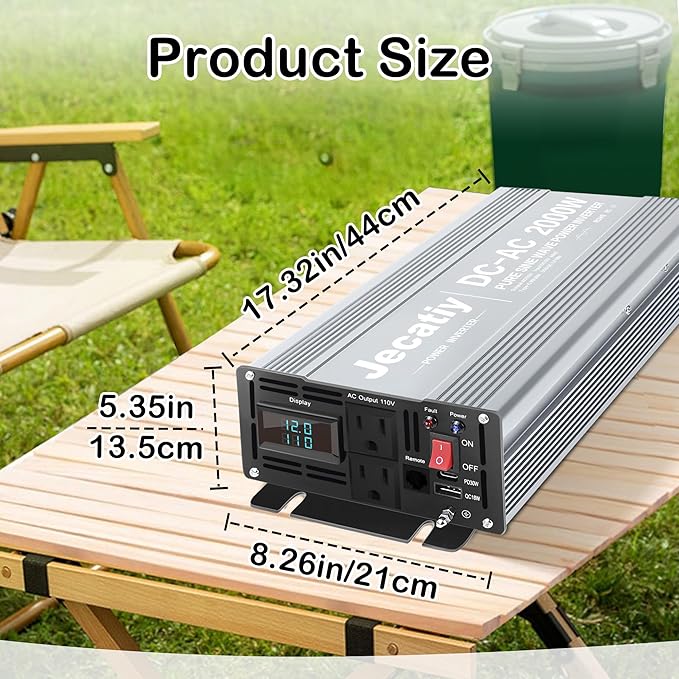 2AC 2000W Pure Sine Wave Inverter, Convert DC 12V to AC 110V 120V, 18W USB, and 30W Type-C Charging Ports, Car Solar Power Inverters for Truck, Home, Vehicles, RV