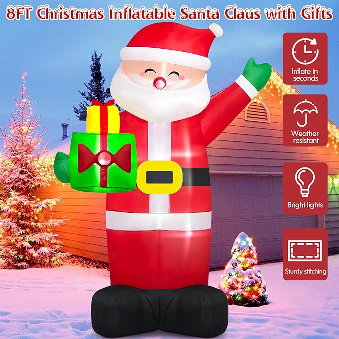 Danxilu 8Ft Christmas Inflatables Santa Claus Outdoor Decoration, LED Lights Inflatable Santa Claus with Gift Bag Giant Blow Up Outside Xmas Decorations for Yard Garden Lawn Party Holiday Decor