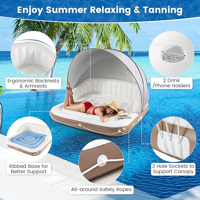Moccha Inflatable Island with Canopy - 440 lbs Party Floats with SPF50+ Retractable Detachable Sunshade & 3 Pillows, 2-3 Person Tanning Lounger, 73” Pool Daybed, Floating Island for Lake